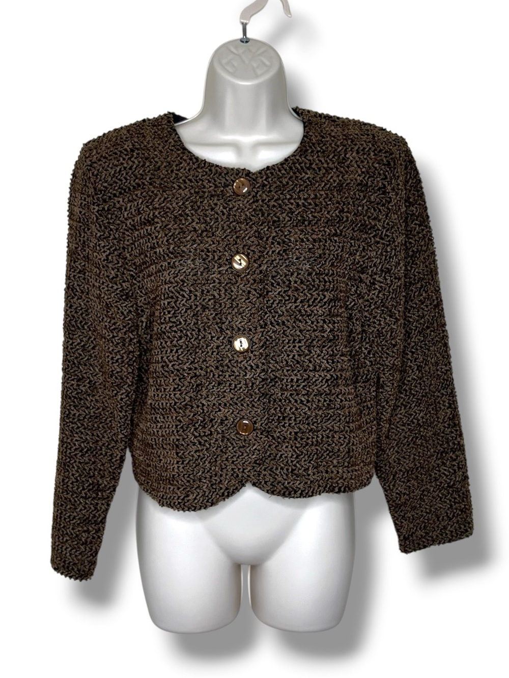 Vintage First Option Brown Black Chenille Boucle Cardigan Jacket Textured Small